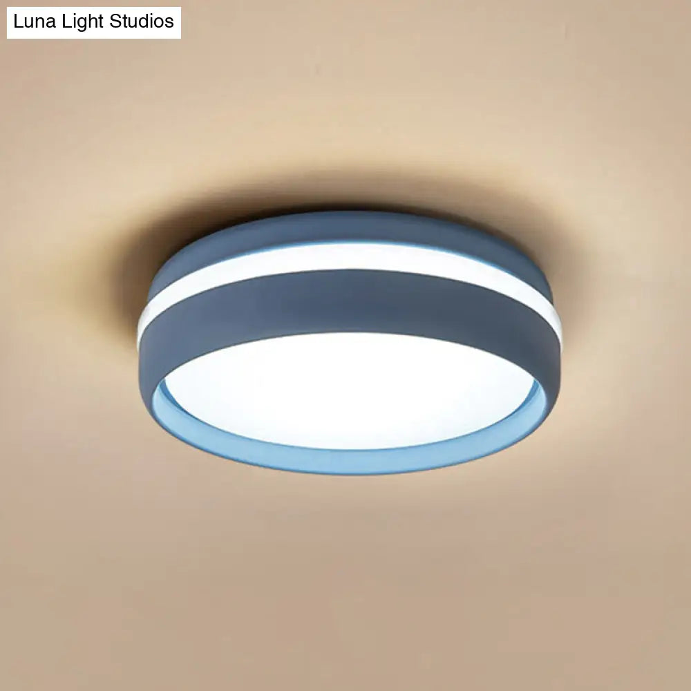 Metal Circular Flush Light Contemporary Led Ceiling Lamp In Pink/Yellow/Blue With Warm/White Blue /