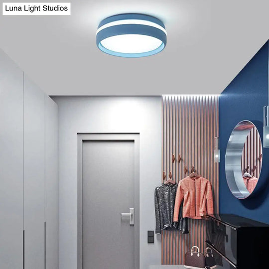 Metal Circular Flush Light Contemporary Led Ceiling Lamp In Pink/Yellow/Blue With Warm/White