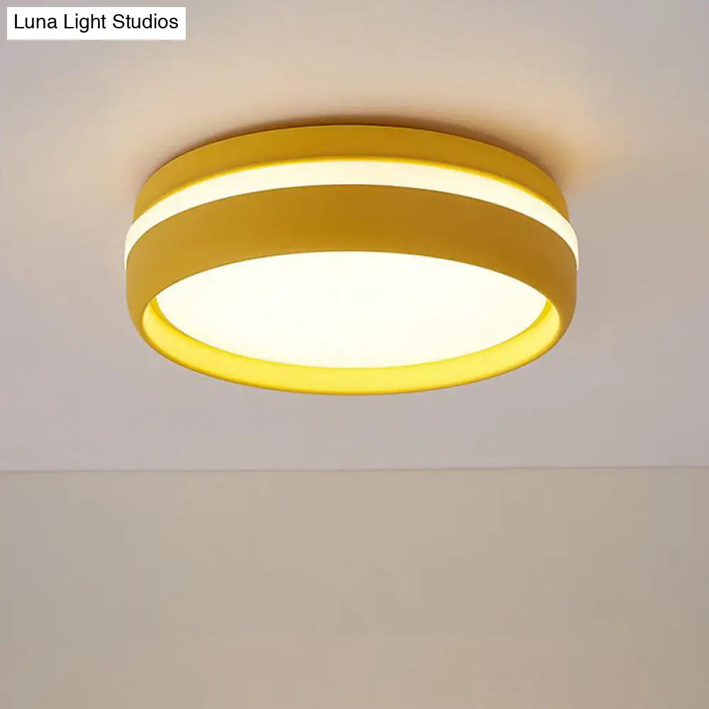 Metal Circular Flush Light Contemporary Led Ceiling Lamp In Pink/Yellow/Blue With Warm/White Yellow