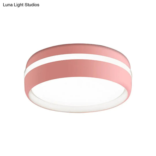 Metal Circular Flush Light Contemporary Led Ceiling Lamp In Pink/Yellow/Blue With Warm/White
