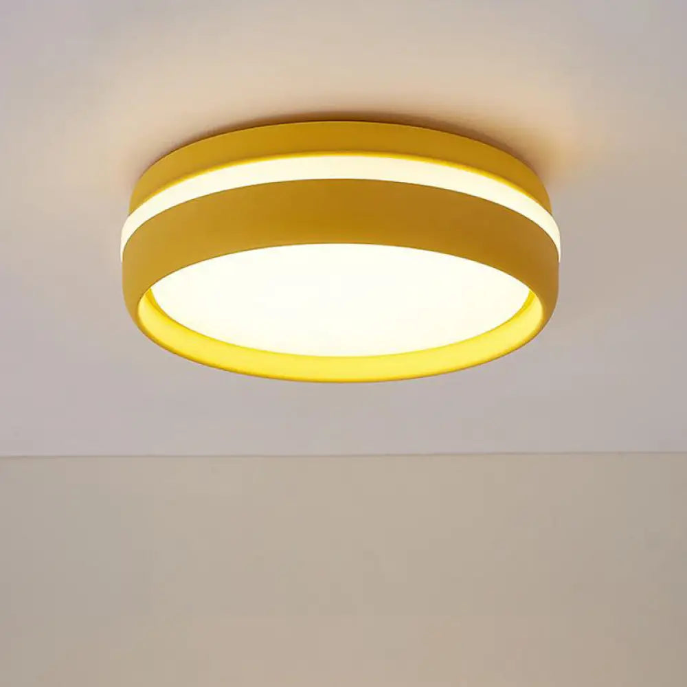 Metal Circular Flush Light Contemporary Led Ceiling Lamp In Pink/Yellow/Blue With Warm/White Yellow