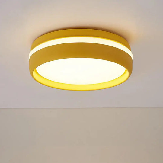 Metal Circular Flush Light Contemporary Led Ceiling Lamp In Pink/Yellow/Blue With Warm/White Yellow