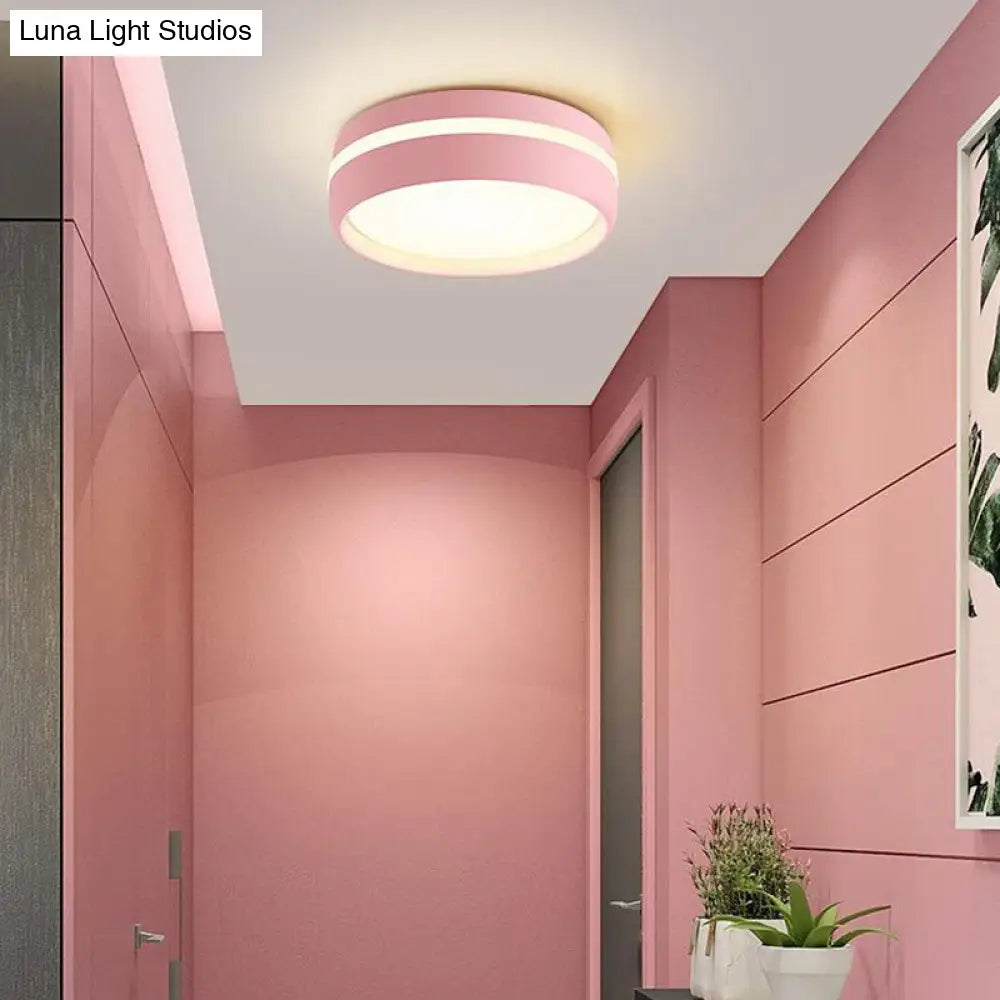 Metal Circular Flush Light Contemporary Led Ceiling Lamp In Pink/Yellow/Blue With Warm/White Pink /