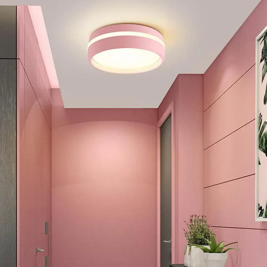 Metal Circular Flush Light Contemporary Led Ceiling Lamp In Pink/Yellow/Blue With Warm/White Pink /