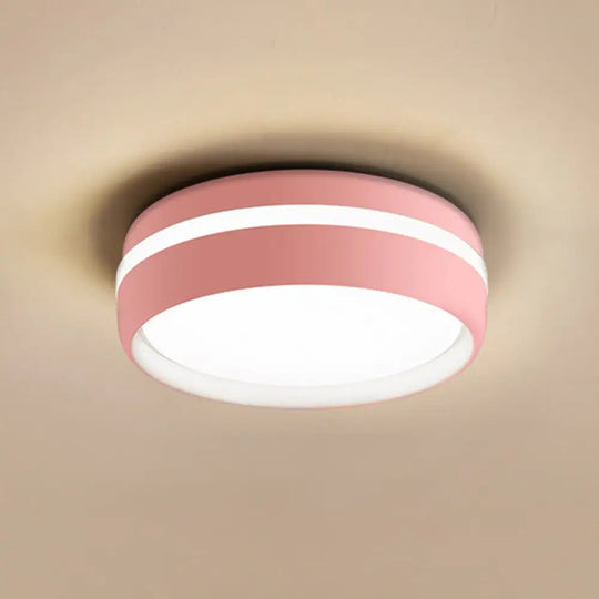 Metal Circular Flush Light Contemporary Led Ceiling Lamp In Pink/Yellow/Blue With Warm/White Pink /