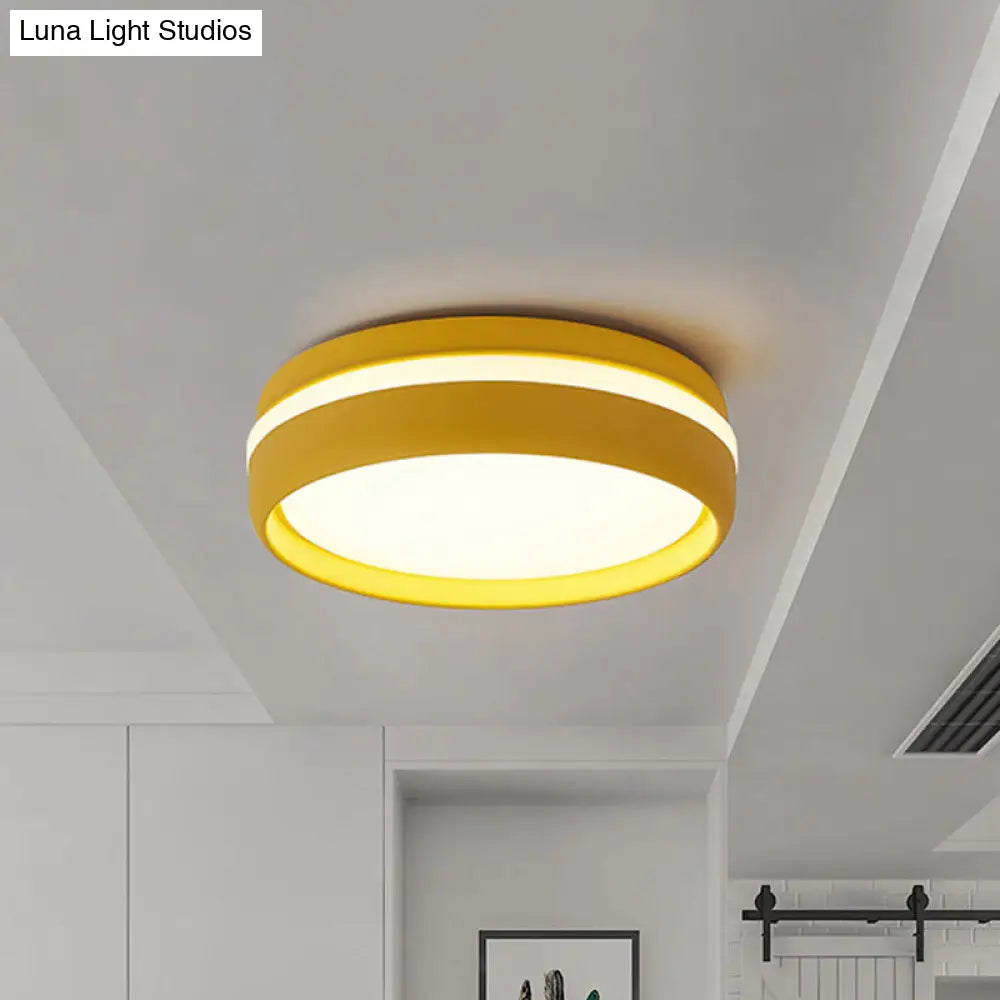 Metal Circular Flush Light Contemporary Led Ceiling Lamp In Pink/Yellow/Blue With Warm/White