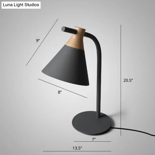 Metal Conical Table Lamp - Macaron Single-Bulb Nightstand Light With Bend Arm For Bedroom