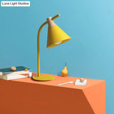 Metal Conical Table Lamp - Macaron Single-Bulb Nightstand Light With Bend Arm For Bedroom