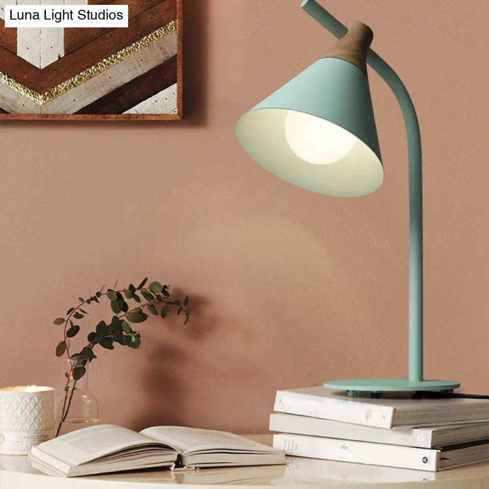 Metal Conical Table Lamp - Macaron Single-Bulb Nightstand Light With Bend Arm For Bedroom