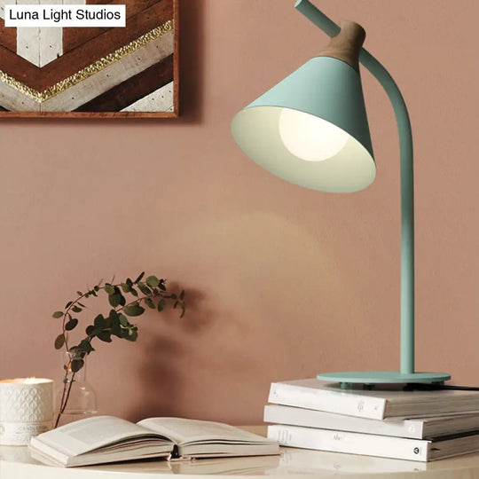 Metal Conical Table Lamp - Macaron Single-Bulb Nightstand Light With Bend Arm For Bedroom