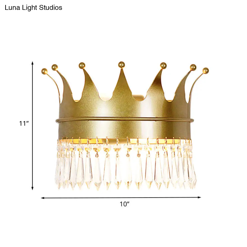 Metal Crown Wall Sconce Lighting - Cartoon 2 Head Gold Led Mount Lamp With Crystal Drop Deco