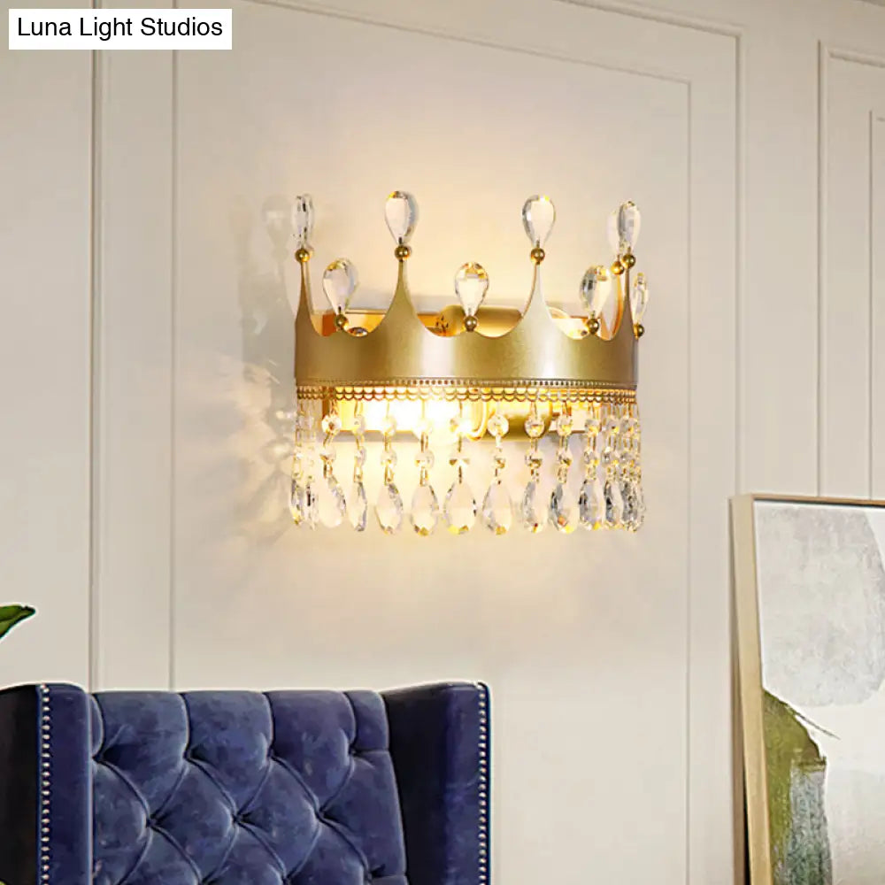 Metal Crown Wall Sconce Lighting - Cartoon 2 Head Gold Led Mount Lamp With Crystal Drop Deco