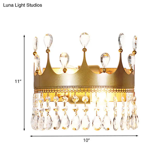 Metal Crown Wall Sconce Lighting - Cartoon 2 Head Gold Led Mount Lamp With Crystal Drop Deco