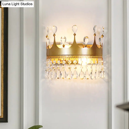 Metal Crown Wall Sconce Lighting - Cartoon 2 Head Gold Led Mount Lamp With Crystal Drop Deco