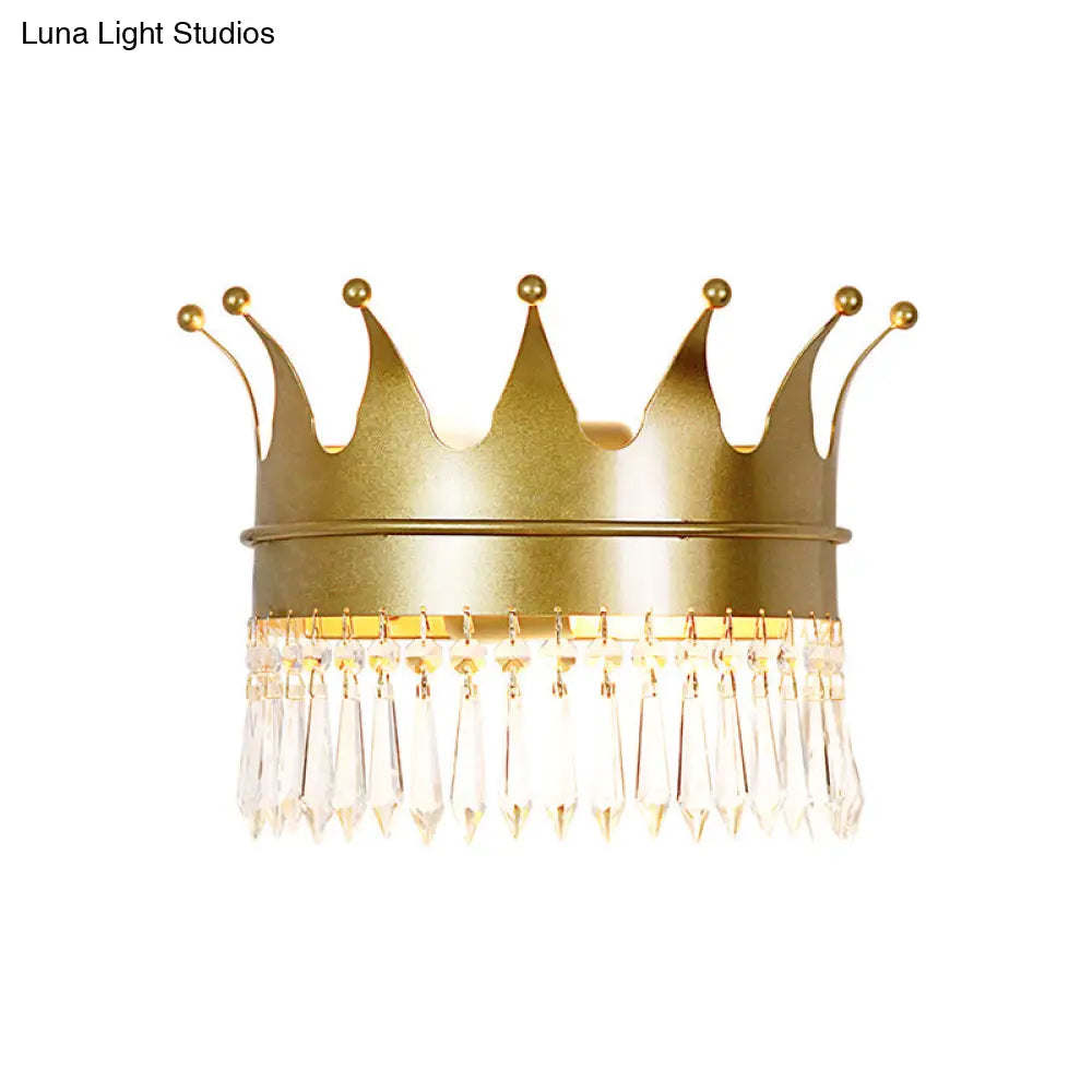 Metal Crown Wall Sconce Lighting - Cartoon 2 Head Gold Led Mount Lamp With Crystal Drop Deco