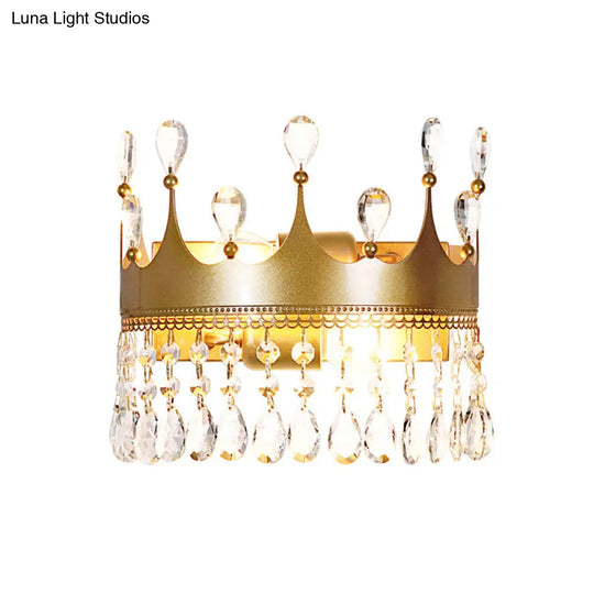 Metal Crown Wall Sconce Lighting - Cartoon 2 Head Gold Led Mount Lamp With Crystal Drop Deco