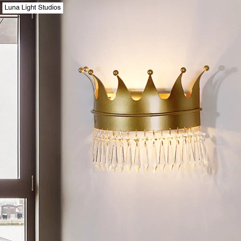 Metal Crown Wall Sconce Lighting - Cartoon 2 Head Gold Led Mount Lamp With Crystal Drop Deco