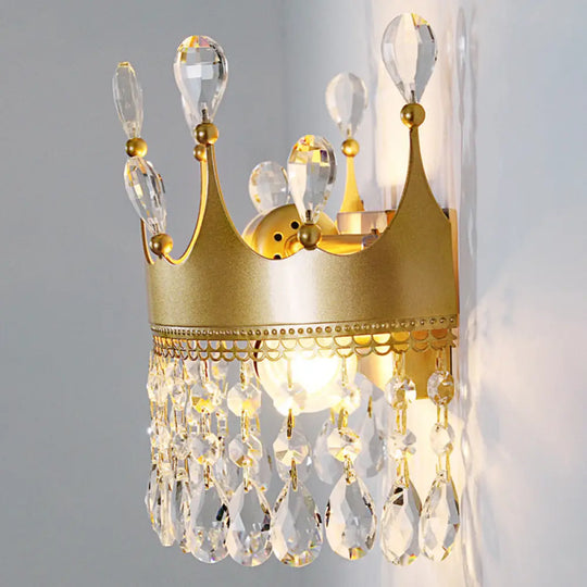 Metal Crown Wall Sconce Lighting - Cartoon 2 Head Gold Led Mount Lamp With Crystal Drop Deco / A