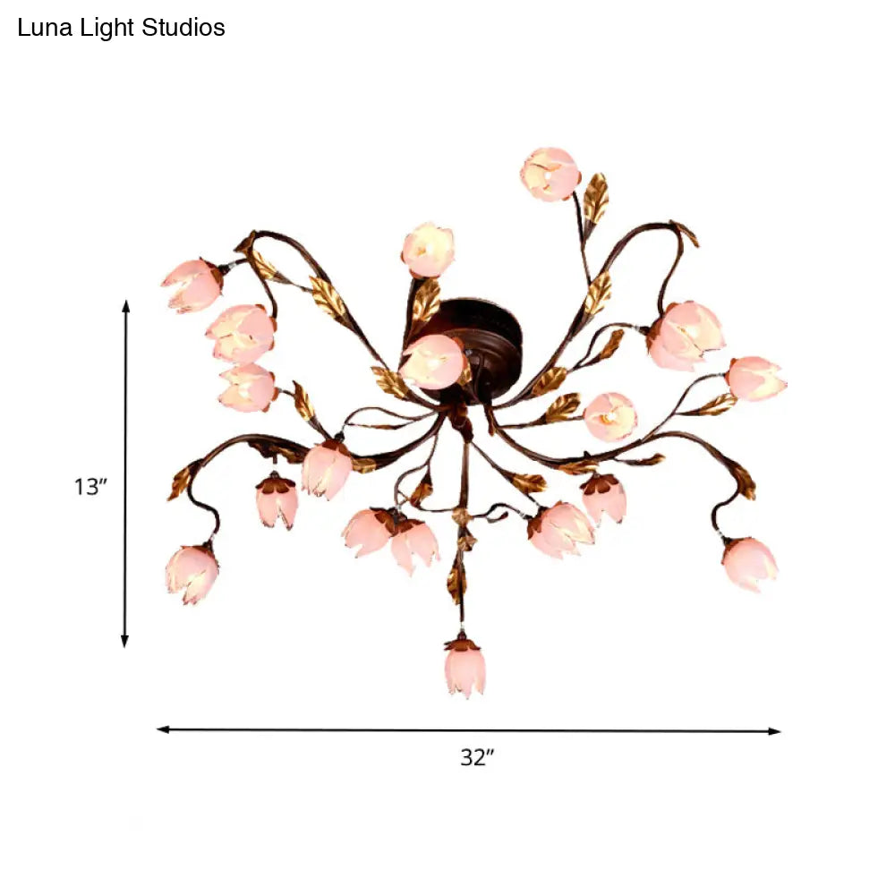 Metal Dark Brown Lotus Semi Flush Led Ceiling Lamp - Ideal For Study Room 20 Bulbs American Garden