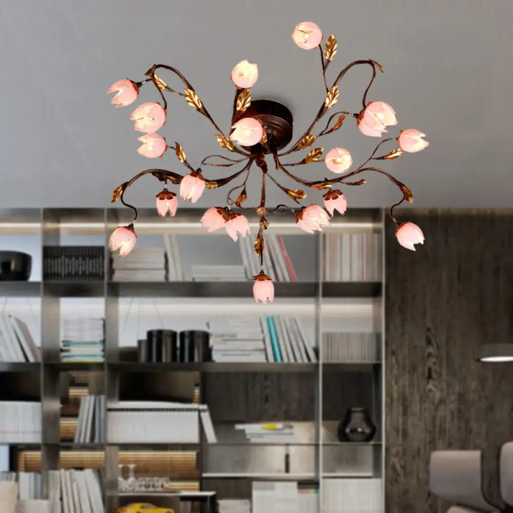 Metal Dark Brown Lotus Semi Flush Led Ceiling Lamp - Ideal For Study Room 20 Bulbs American Garden