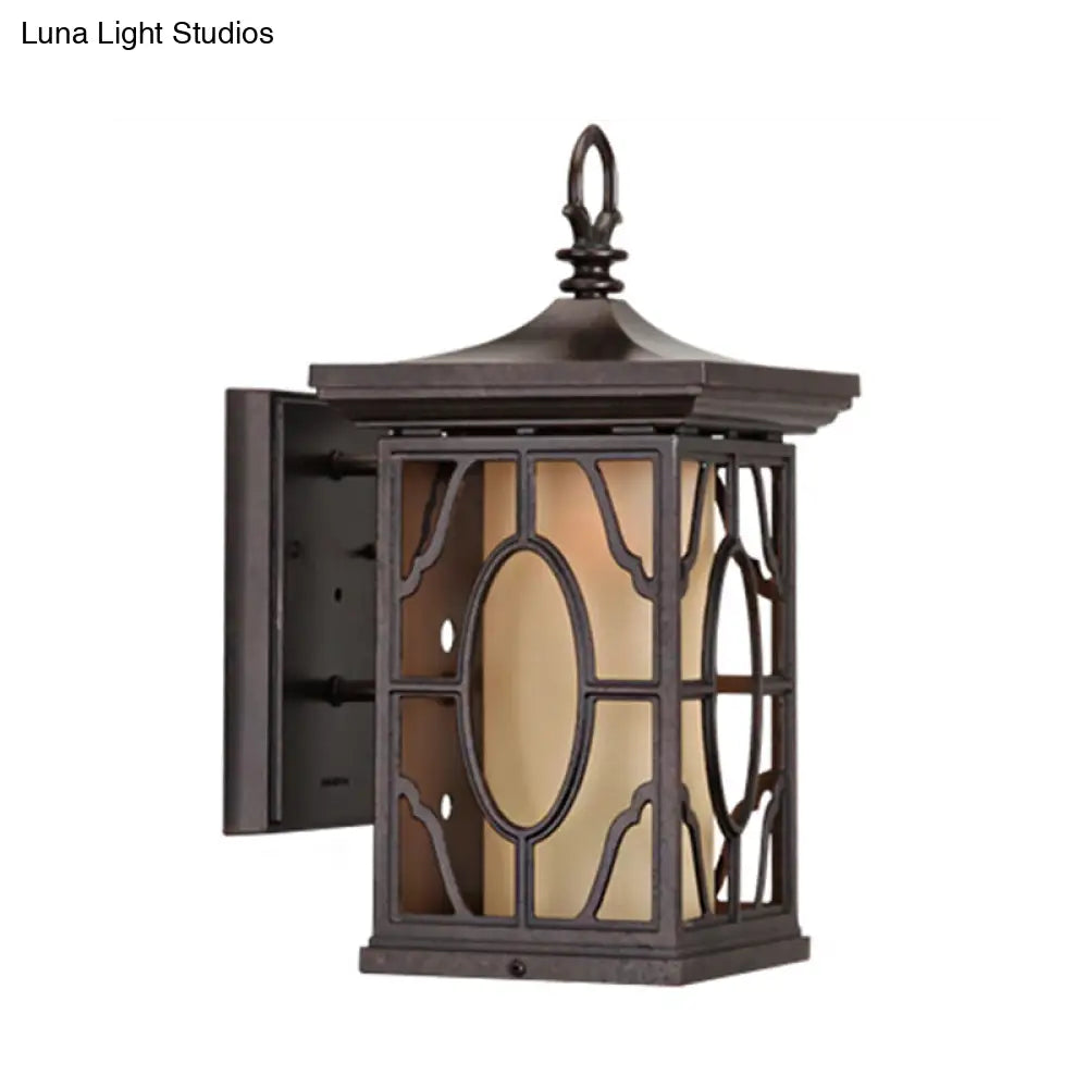 Metal Dark Coffee Wall Lantern With Frosted Glass Shade - Rural Sconce Light