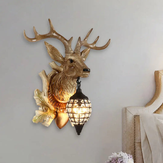 Metal Deer Wall Sconce With Crystal Mesh Cone Shade - Traditional Light Brown