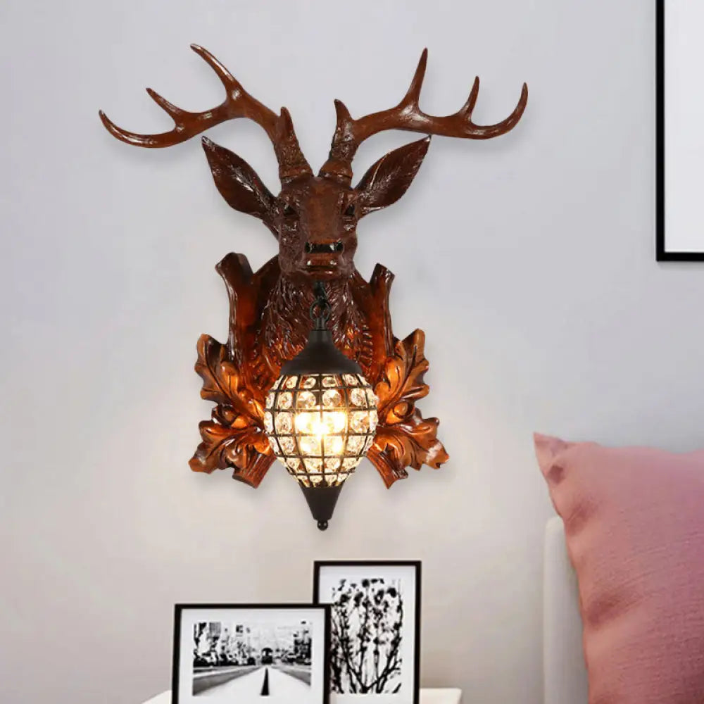 Metal Deer Wall Sconce With Crystal Mesh Cone Shade - Traditional Light Red Brown