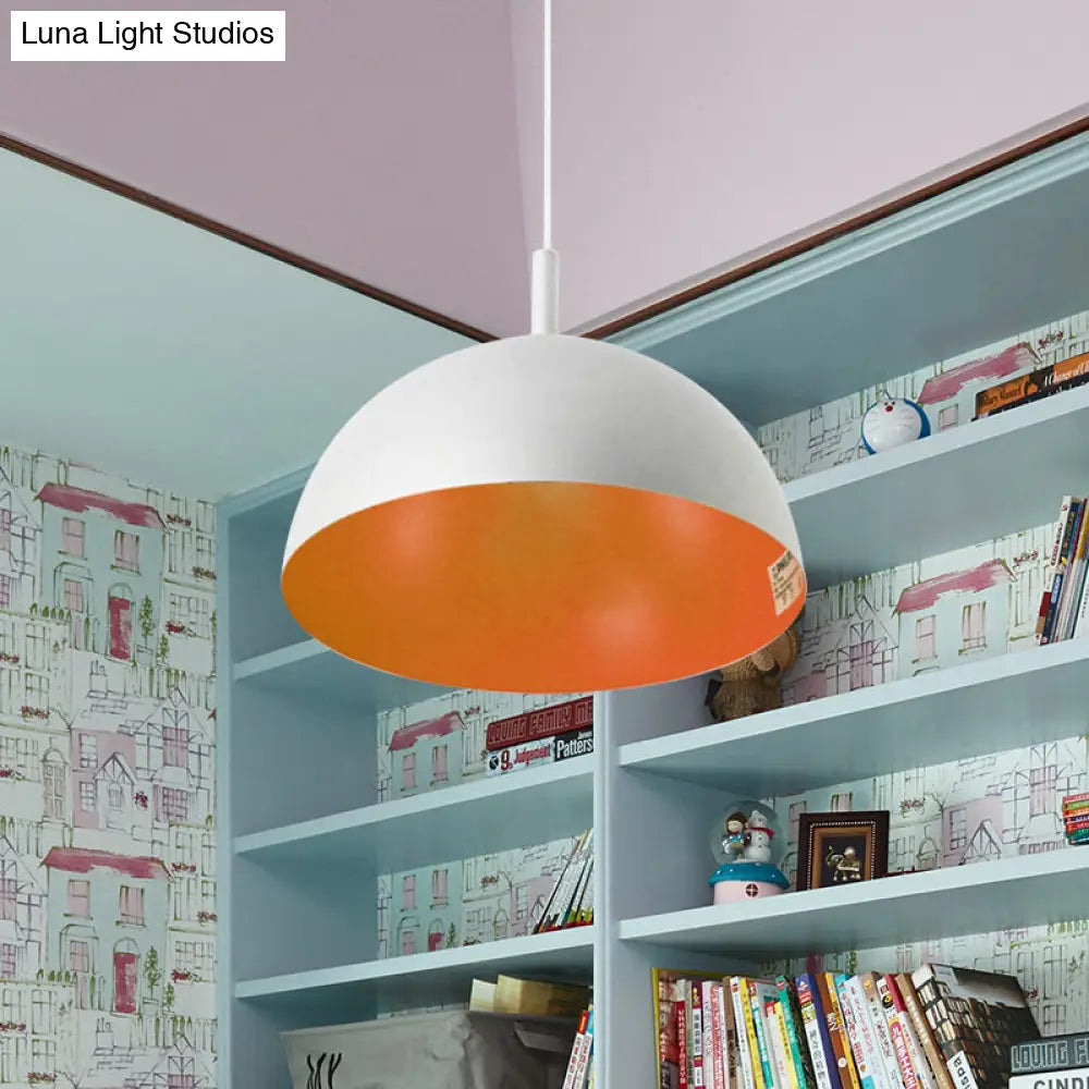 Simple Metal Dome Pendant Lamp With 1 Light In Orange/Blue/Chrome For Dining Room - 10/16 Wide