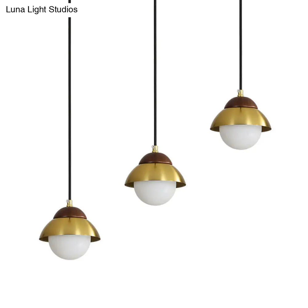 Sleek Brass Hanging Pendant Light Kit With Opal Glass Shades - Metal Dome & Multiple Lamp Design 3