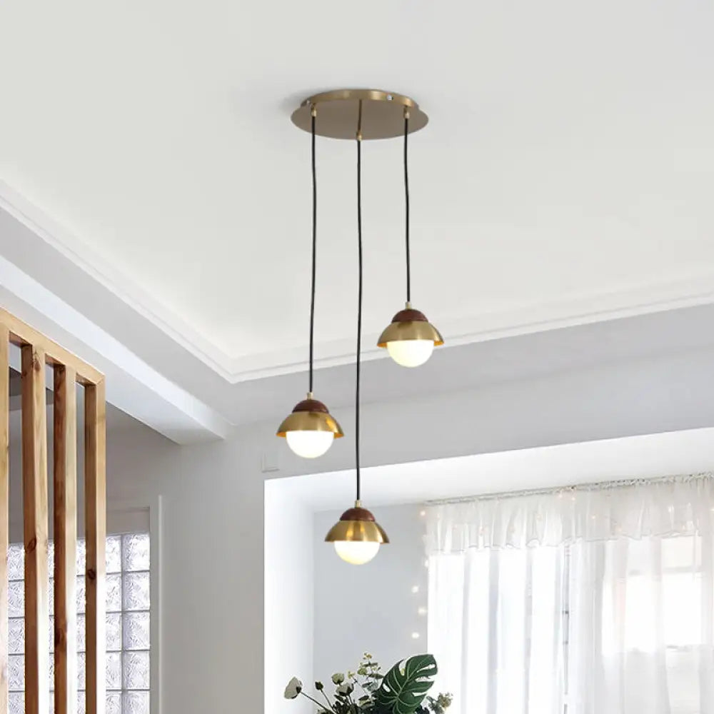 Metal Dome Pendant Light Kit With Opal Glass Shade - Simplicity Design Brass Finish Multiple Lamps