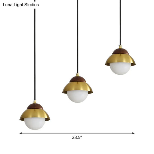 Sleek Brass Hanging Pendant Light Kit With Opal Glass Shades - Metal Dome & Multiple Lamp Design 3