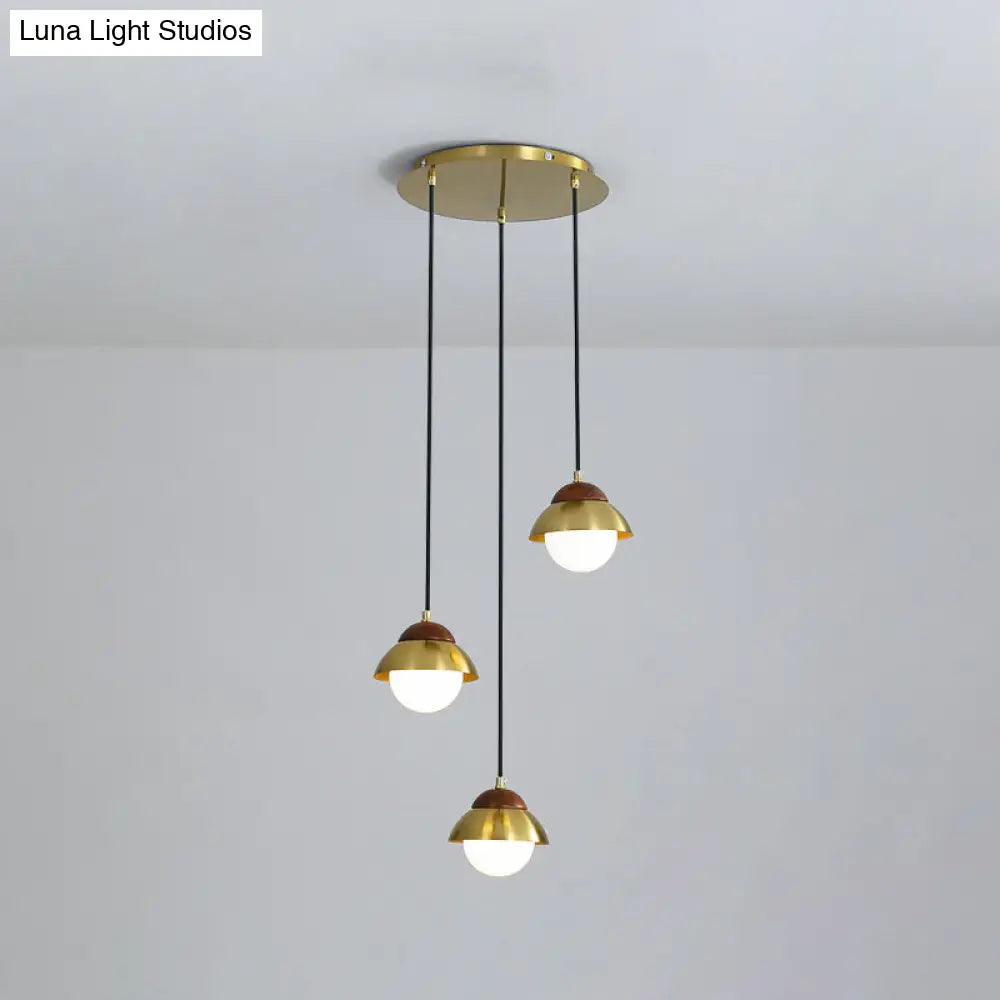 Sleek Brass Hanging Pendant Light Kit With Opal Glass Shades - Metal Dome & Multiple Lamp Design 3