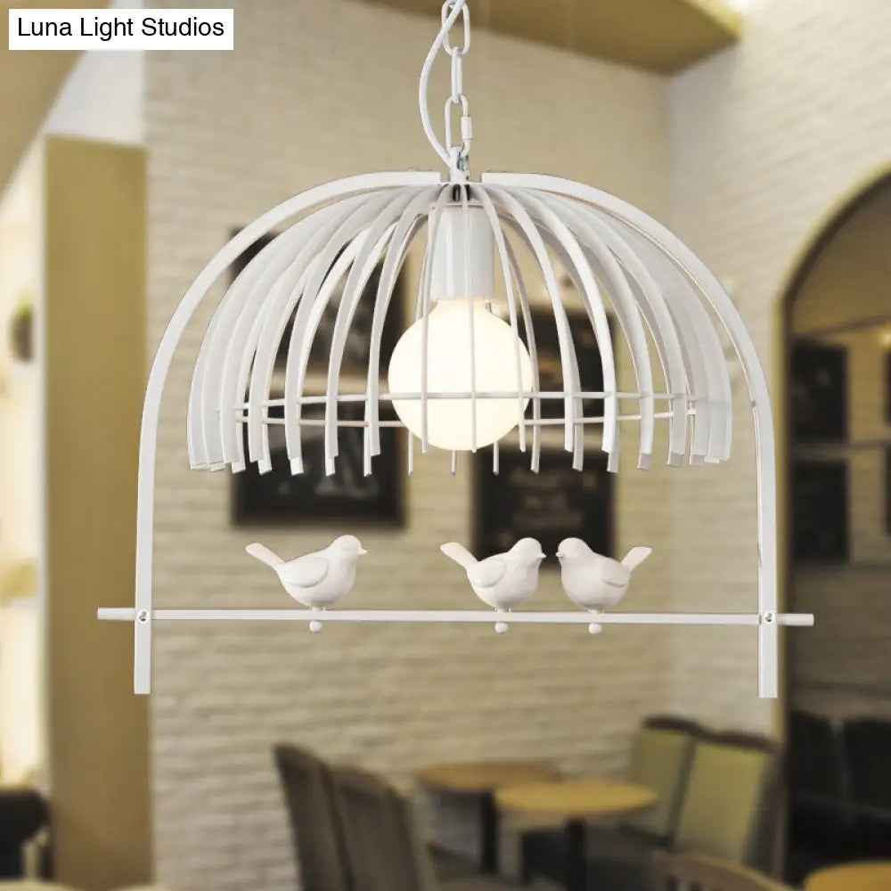 Lodge Style Metal Dome Pendant Light W/ Bird Cage Design - 1 Bulb Hanging Lamp Black/White White