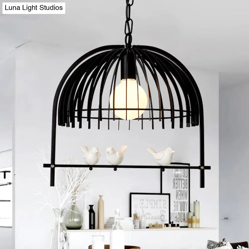 Lodge Style Metal Dome Pendant Light W/ Bird Cage Design - 1 Bulb Hanging Lamp Black/White Black