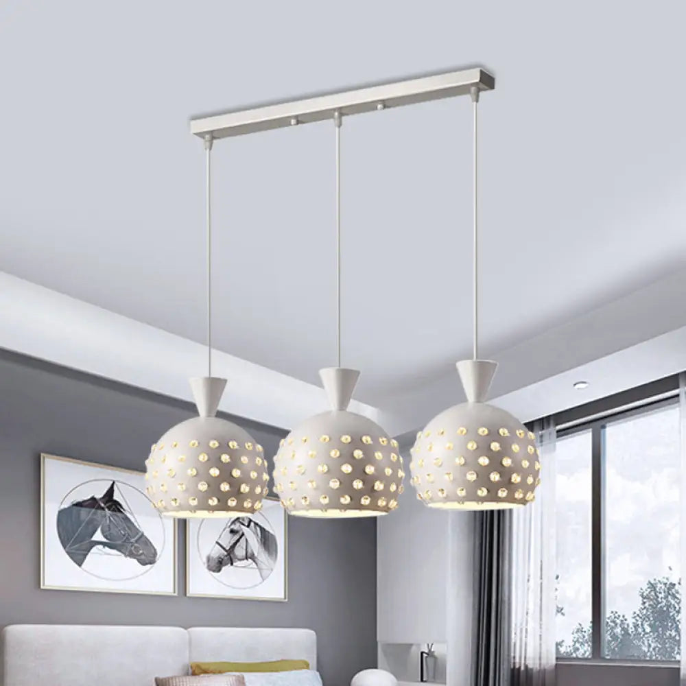 Metal Domed Pendant Light With Crystal Bead Accents - 3-Head Minimalist Hanging Lamp For