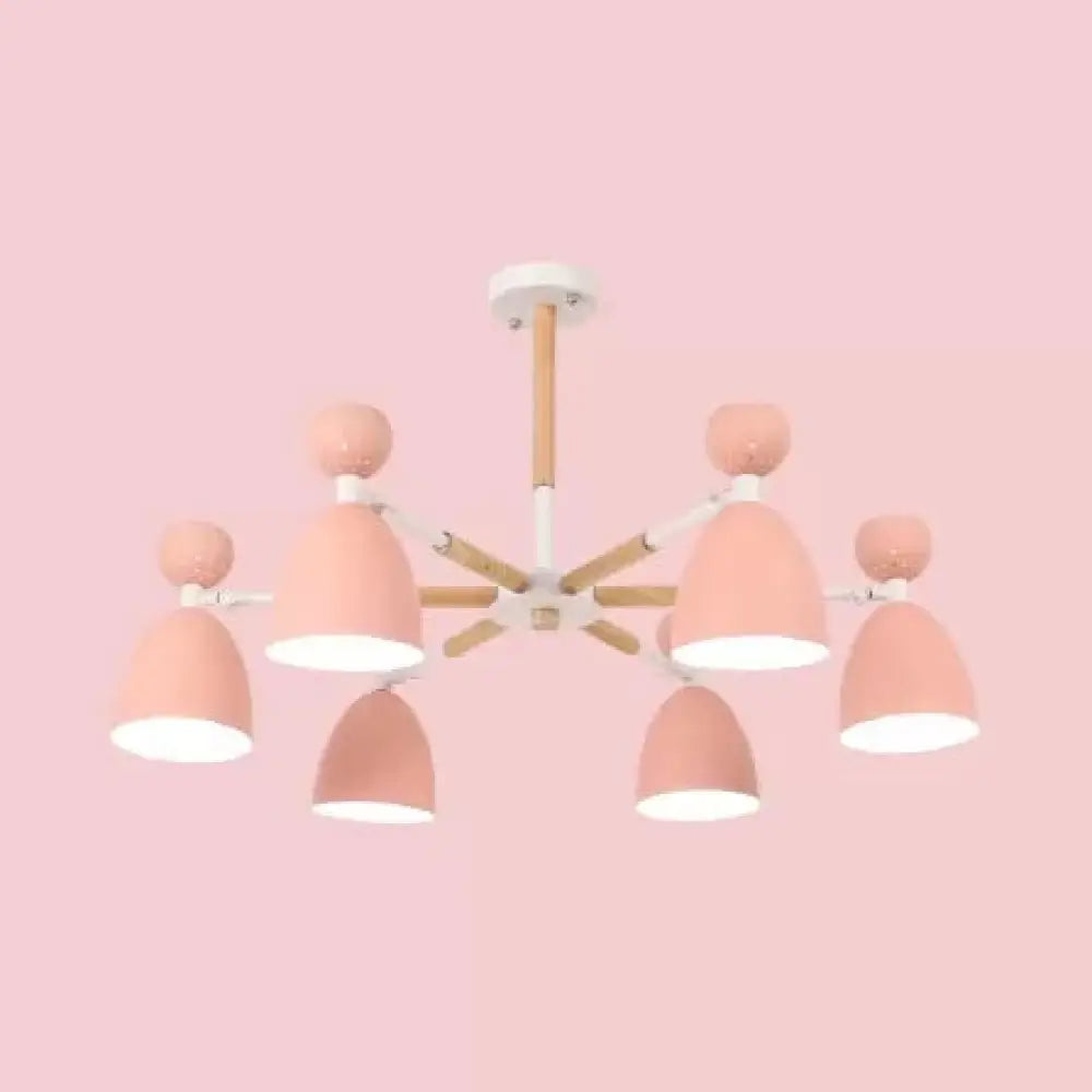 Metal Domed Shade Chandelier - Macaron Loft Hanging Light For Childs Bedroom (6 Heads) Pink