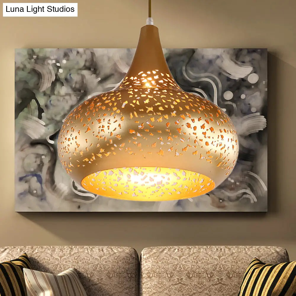 Metal Droplet Hanging Light: 1-Bulb Pendant Fixture In Silver/Bronze/Gold For Bedroom