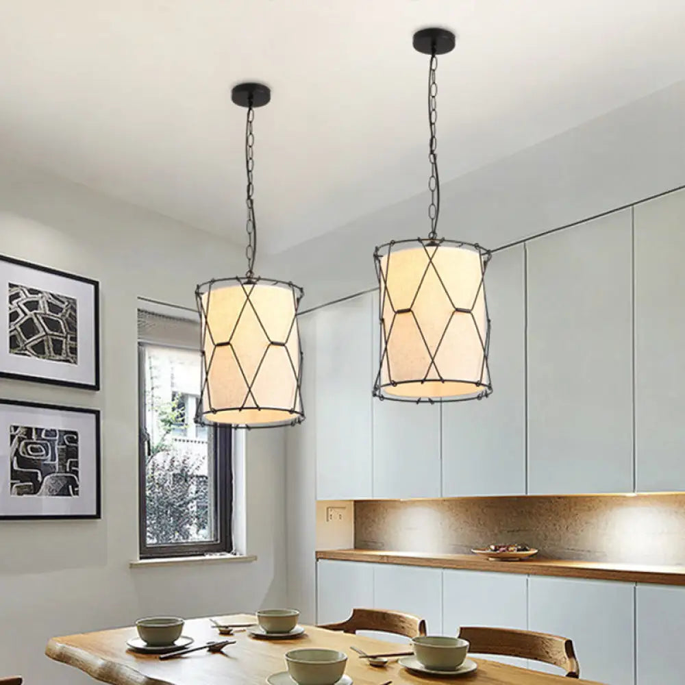 Metal Drum Cage Pendant Light With Fabric Shade For Farmhouse Dining Room - 10’/16.5’ W Beige / 10’