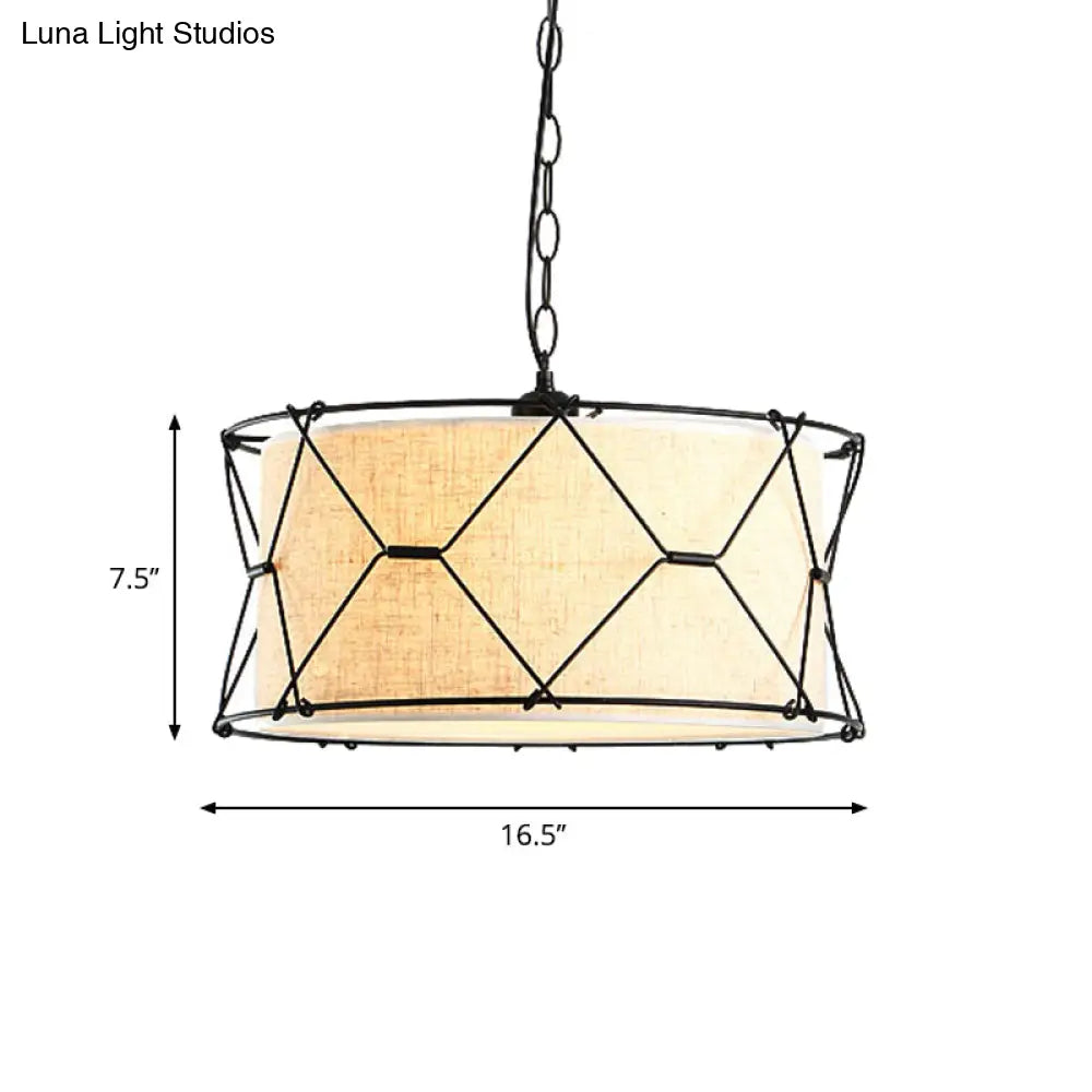 Metal Drum Cage Pendant Light With Fabric Shade For Farmhouse Dining Room - 10’/16.5’ W Beige