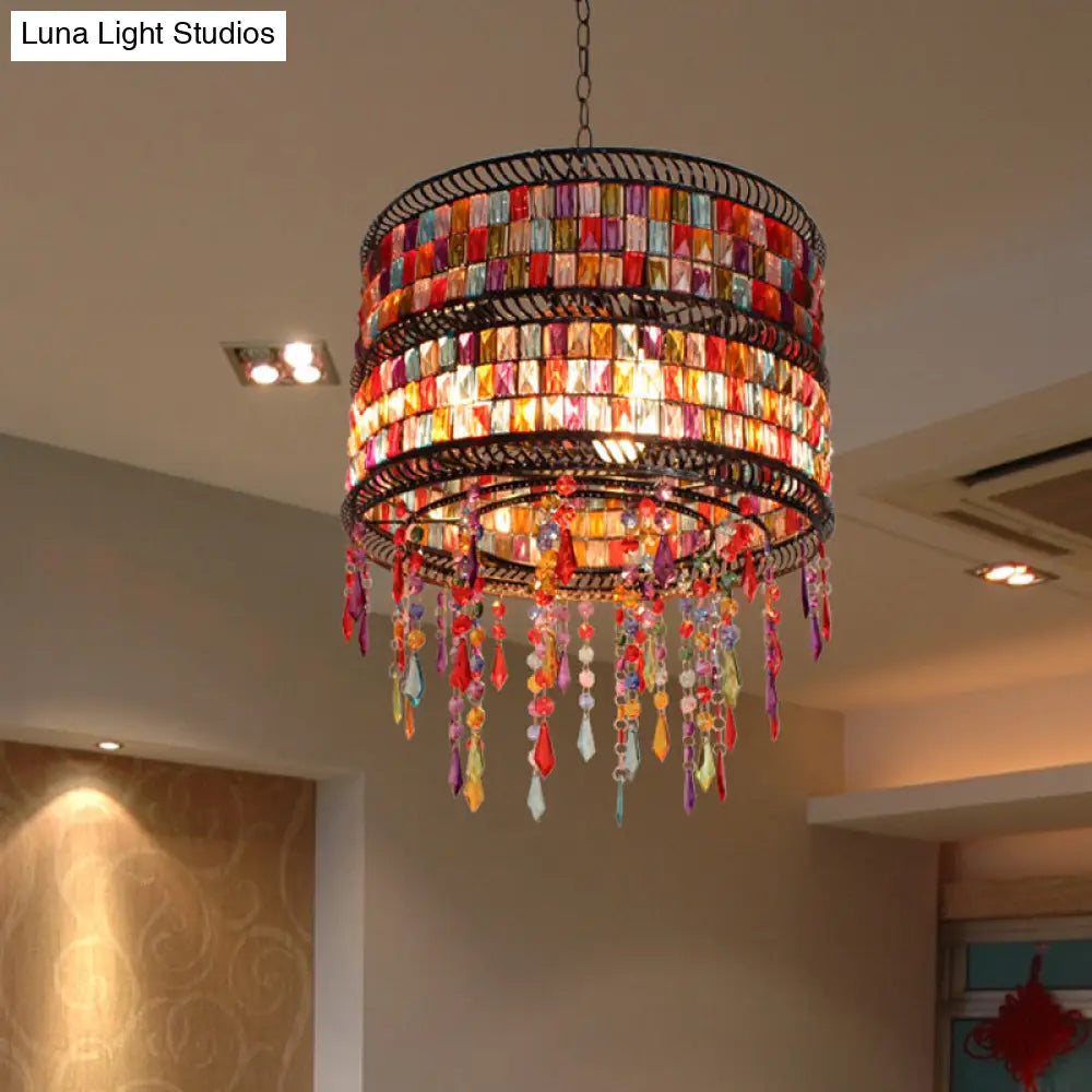 Metal Drum Chandelier Pendant Light - Art Deco Bronze Crystal Draping 3 Heads For Living Room