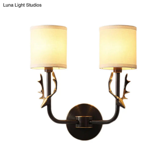 Metal Elk Sconce Lighting - Rustic Wall Mounted Lamp In Black/Gold With Fabric Shade