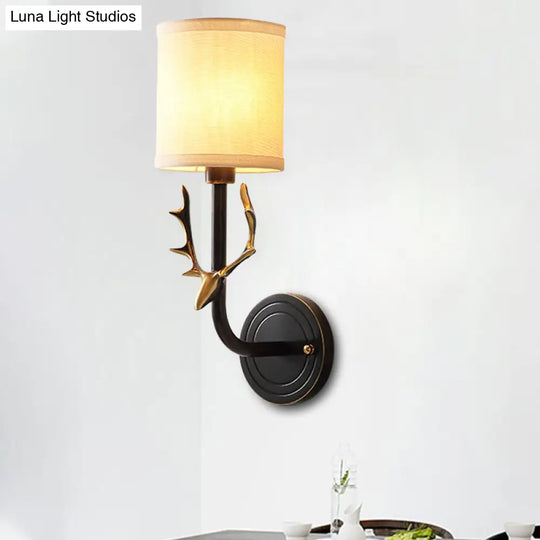 Metal Elk Sconce Lighting - Rustic Wall Mounted Lamp In Black/Gold With Fabric Shade