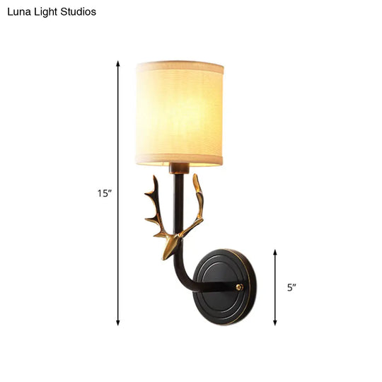 Metal Elk Sconce Lighting - Rustic Wall Mounted Lamp In Black/Gold With Fabric Shade