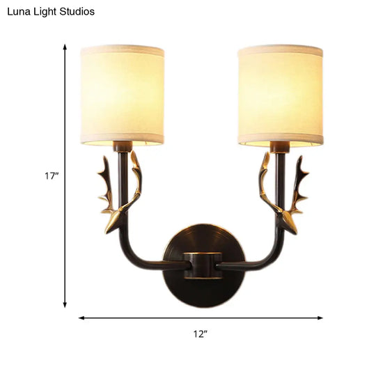 Metal Elk Sconce Lighting - Rustic Wall Mounted Lamp In Black/Gold With Fabric Shade