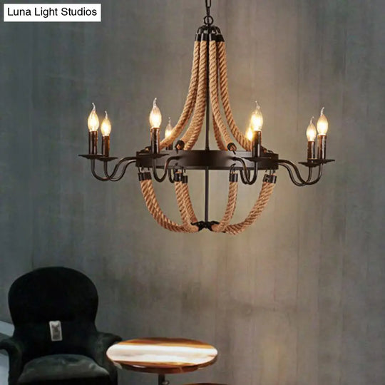Metal Empire Chandelier - Lodge Style Pendant Lighting For Living Room With Rope Detail 6/8 Lights