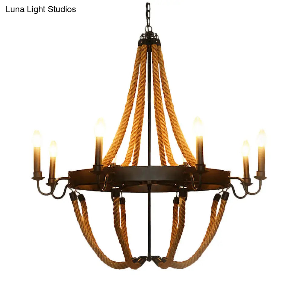 Metal Empire Chandelier - Lodge Style Pendant Lighting For Living Room With Rope Detail 6/8 Lights