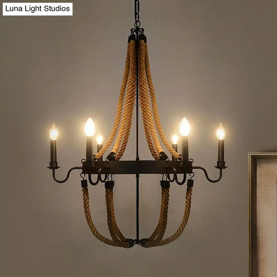 Metal Empire Chandelier - Lodge Style Pendant Lighting For Living Room With Rope Detail 6/8 Lights
