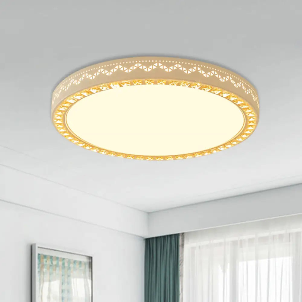 Metal Flat Drum Flush Led Mount Lamp Fixture In White With Crystal Accent