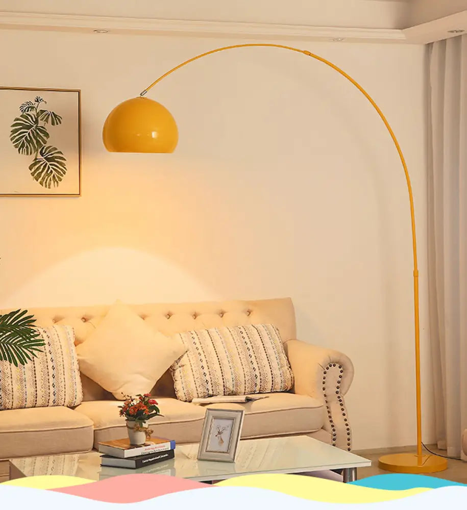 Metal Floor Lamp: Fishing Rod Design With Waveform-Edge Shade Perfect For Living Room Yellow