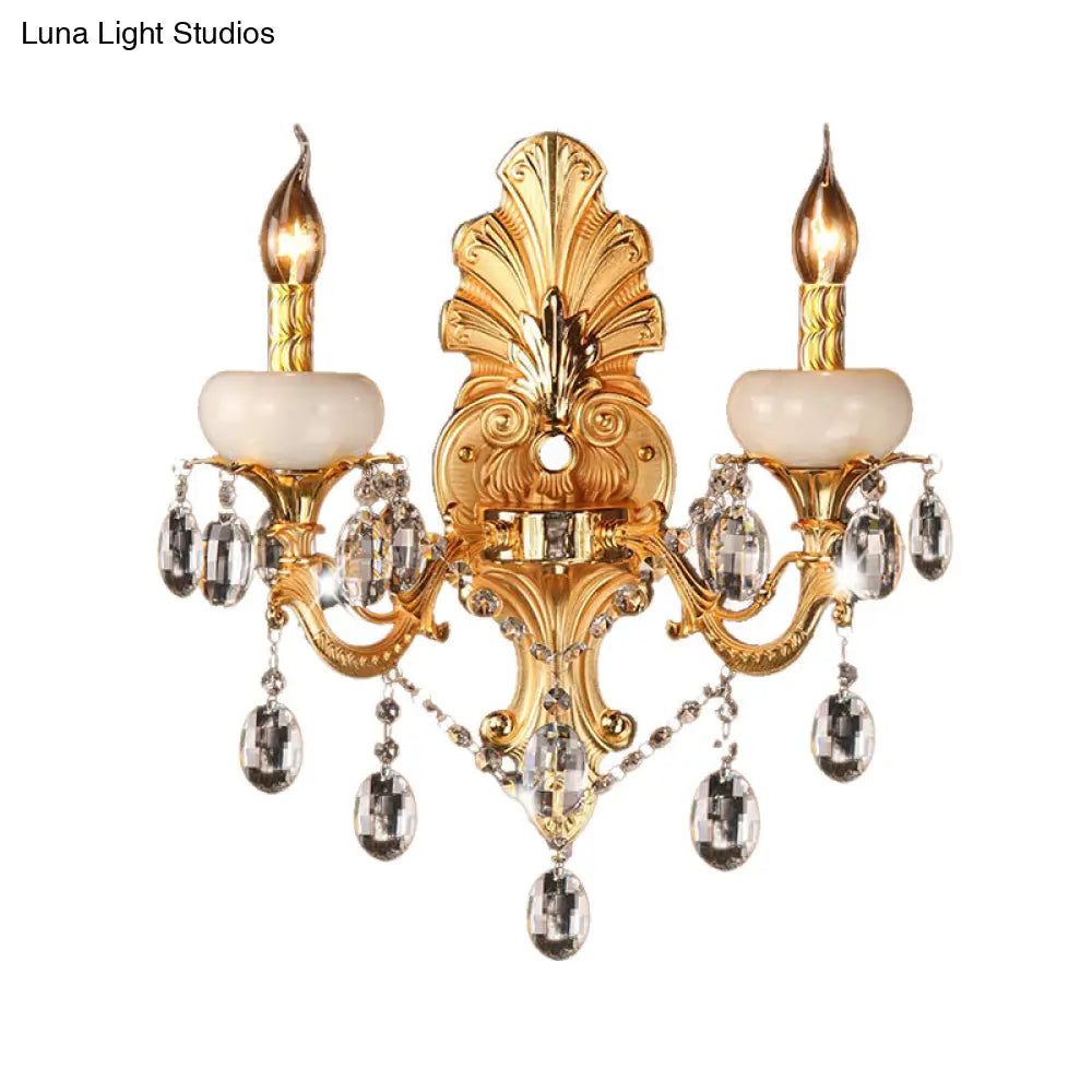 Metal Gold Candle Sconce Light With Crystal Drop - Traditional 2-Head Living Room Wall Mount